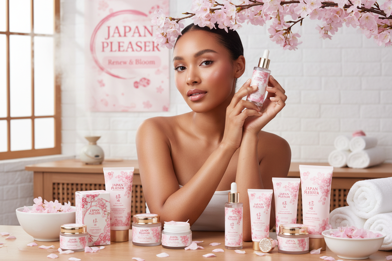 genere un image avec une femme de couleur itulisant les produits de JAPAN SAKURA PLEASER