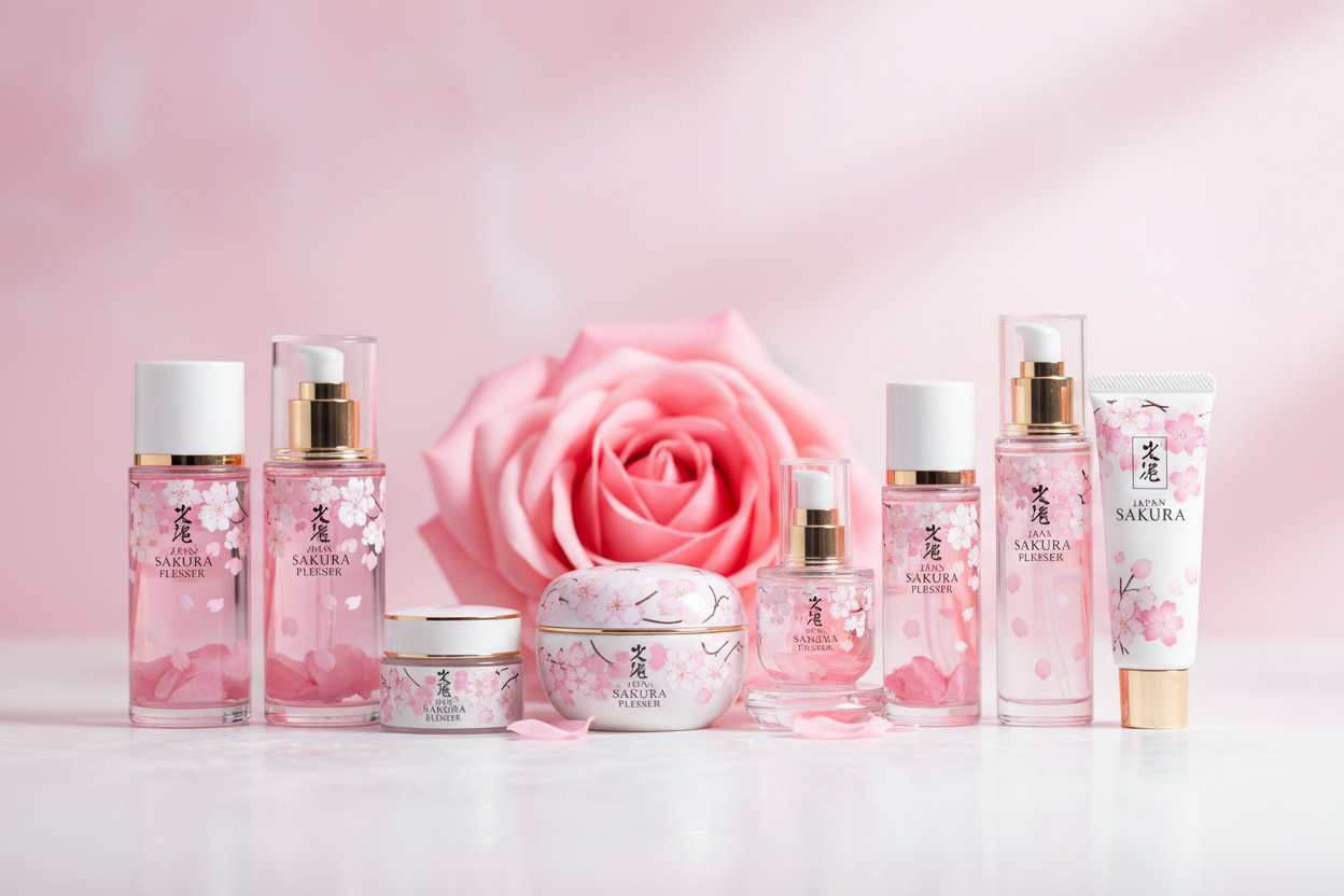 une image pour ma boutique de skincare. une image avec une rose deriere et les produit de JAPAN SAKURA PLEASER devant la rose